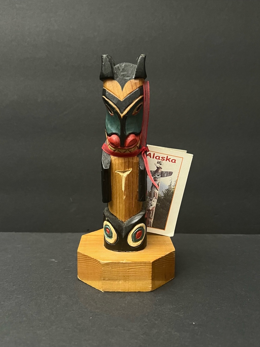 Hand-Carved in Alaska Painted Wood Totem Pole Figurine w/ Original Hang Tag